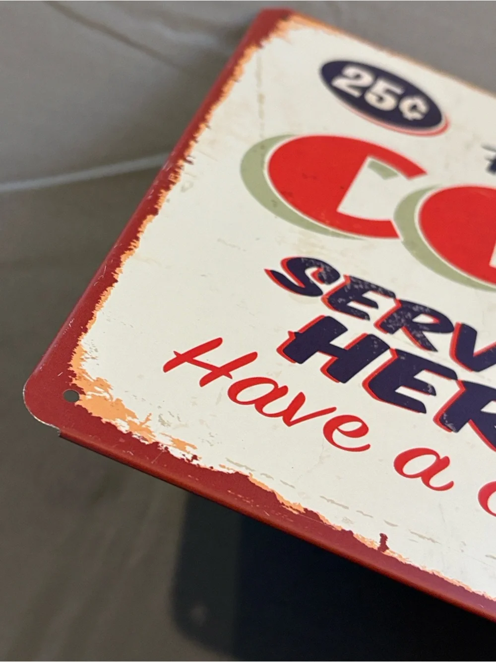 Metal Vintage Style Fresh Brewed Coffee Wall Sign - Cream and Red